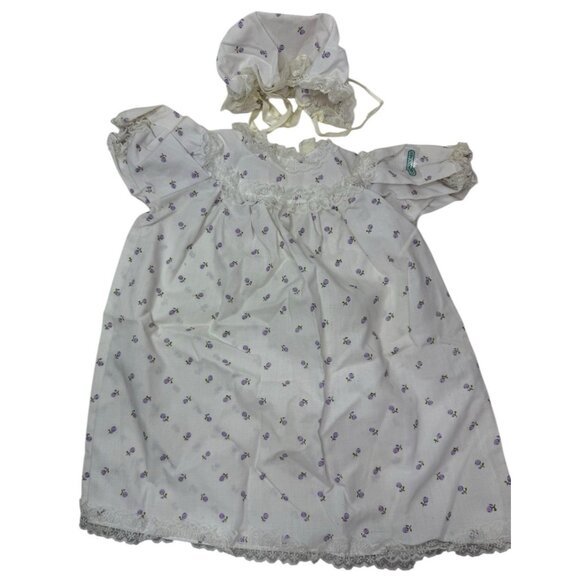 Vintage Coleco Cabbage Patch Kids Purple Rosebud Dress Bonnet White Lace Flowers - Picture 1 of 12
